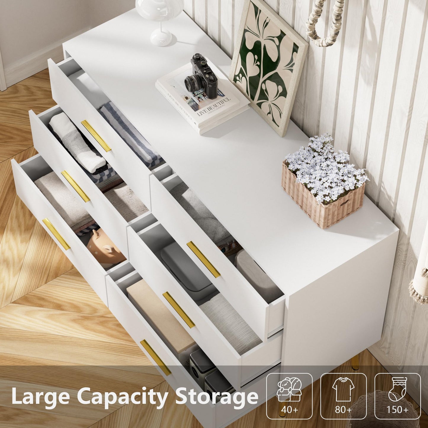 LYNSOM White Dresser for Bedroom, 6 Drawer Wood Double Dresser with Gold Handles, Modern Chest of Organizer Storage Drawers for Living Room, Hallway, Entryway
