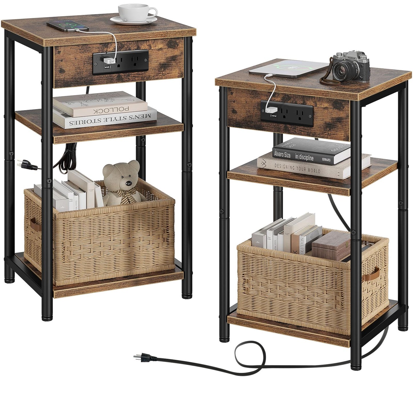 Rolanstar End Table with Charging Station, Night Stand with 3 Storage Shelves, Small Side Table for Small Space, Narrow Bedside Table for Living Room, Bedroom, Rustic Brown, Set of 2