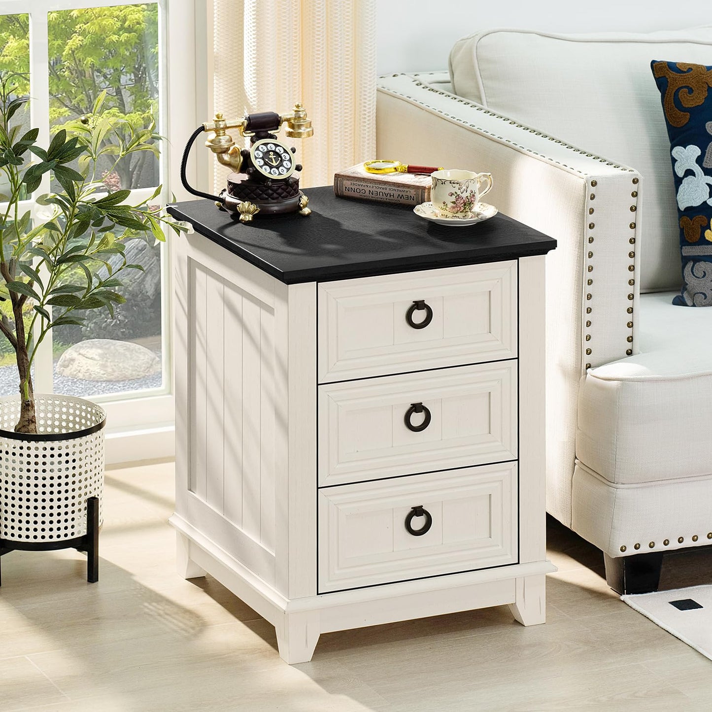 Joaxswe Farmhouse Night Stand Set of 2, 18" End Table with 3 Drawer Metal Handle, Dresser for Bedroom, Sofa Bed Side Table Chest of Drawers,Wood Nightstand Cabinet for Organizer, Living Room-White