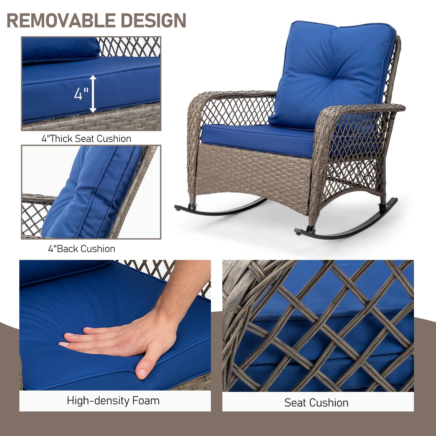 Outvita Outdoor Wicker Rocking Chair, Patio Rattan Rocker Chair w/Cushions & Steel Frame, All-Weather Rocking Lawn Wicker Furniture for Garden Backyard Porch Deck (Navy Blue)