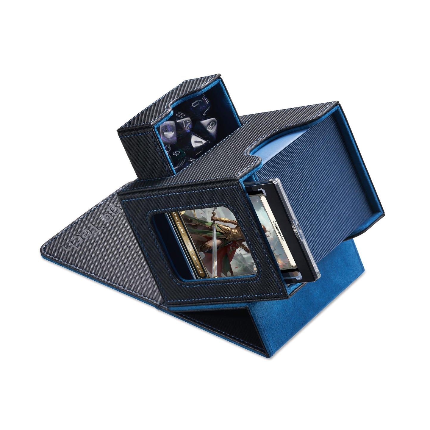 Mage Tech Card Deck Box for MTG Commander - Patented Design, Commander Display, Fits 100 Double-Sleeved Cards, 35pt Card Brick & Dice Tray - Black/Blue