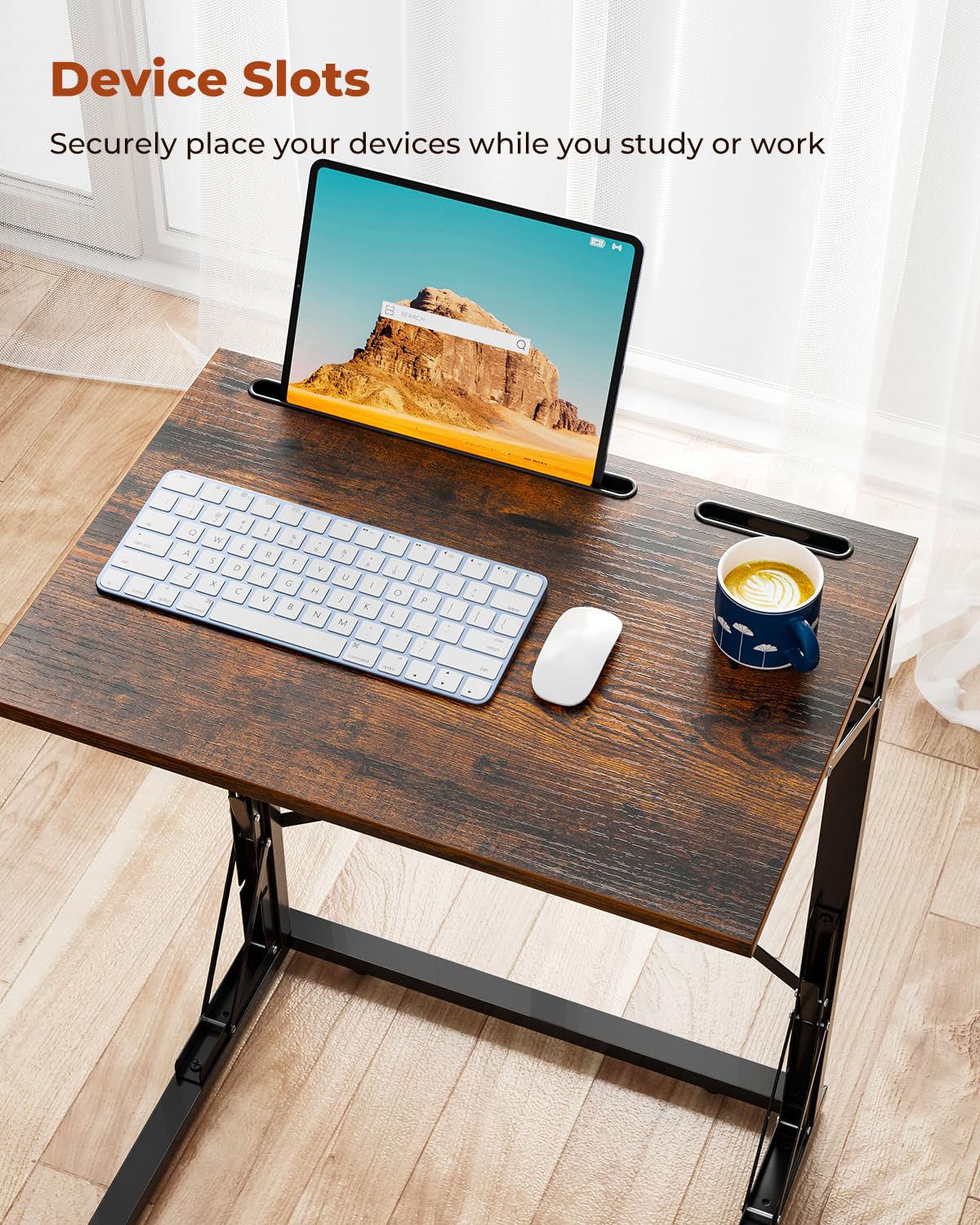 Evermagin 21''Wx28''H Folding TV Tray, Small Foldable C-Shaped End Table for Eating with Tablet and Phone Slots, Slide Under Couch Side Table for Recliner, Living Room, Bedroom, Rustic Brown