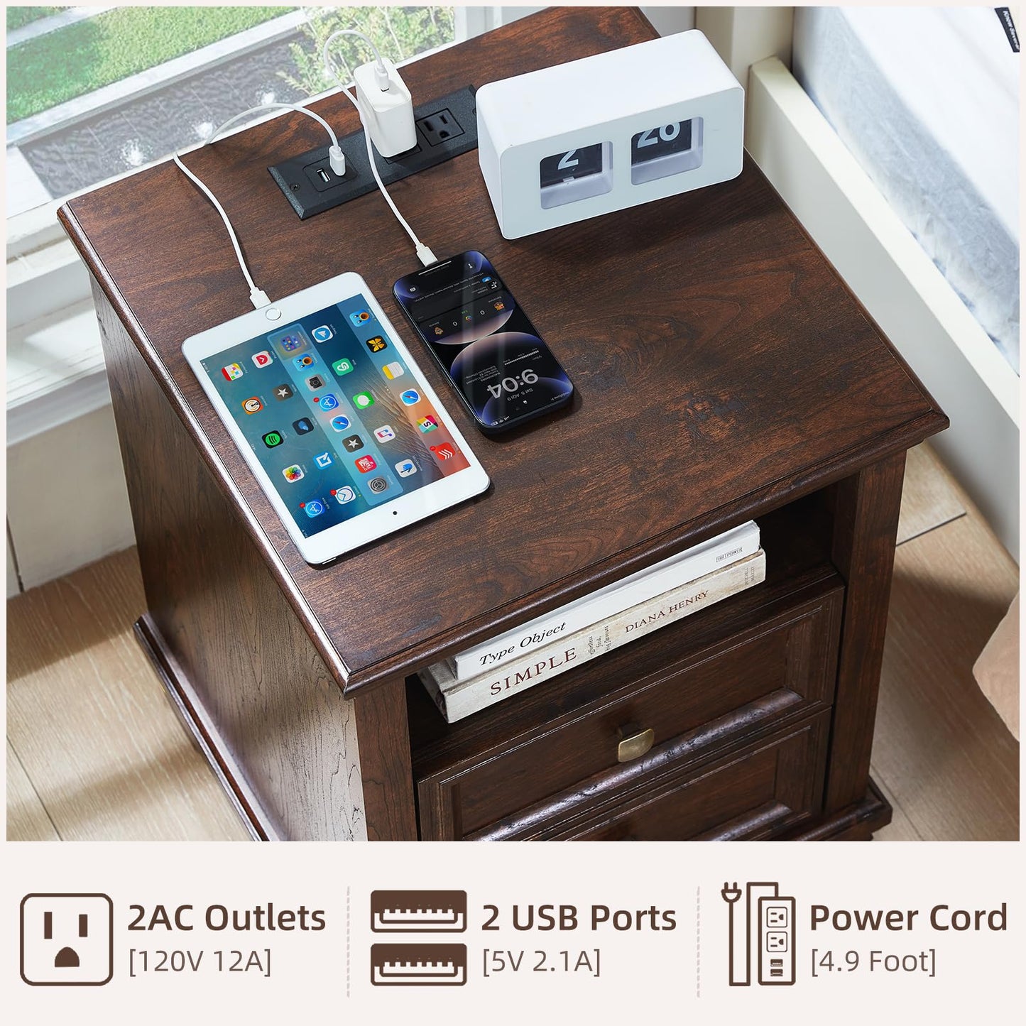 SAVOR LIFE Farmhouse Nightstand with Charging Station, Rustic Brown Nightstand,2 Drawers End Table for Living Room,Bedside Table with Open Shelf for Bed Room,Walnut