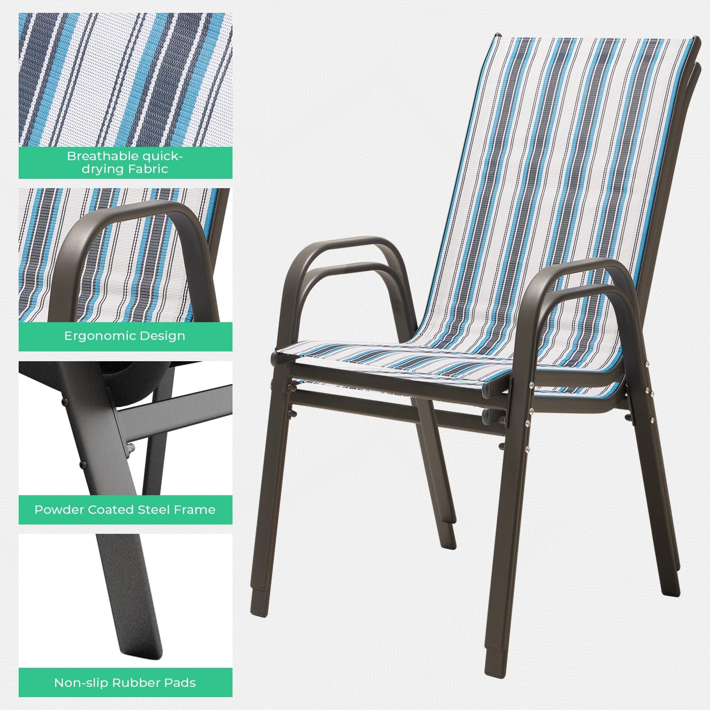 JEAREY Patio Dining Chairs Set of 4, Outdoor Stackable Dining Furniture Set, All Weather Dining Set for Lawn, Garden, Backyard, Poolside, Blue Striped