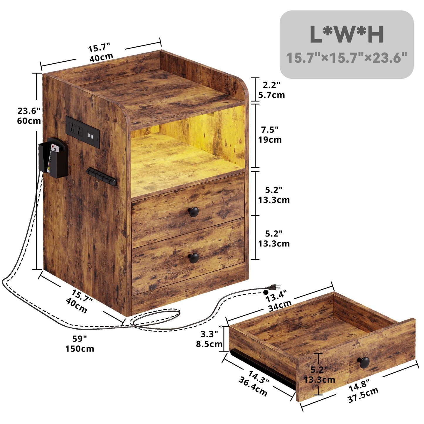 LIKIMIO Nightstand with LED, Charging Station & USB Ports, Night Table with 2 Drawers and Open Shelf, Adjustable Light, Vintage Brown