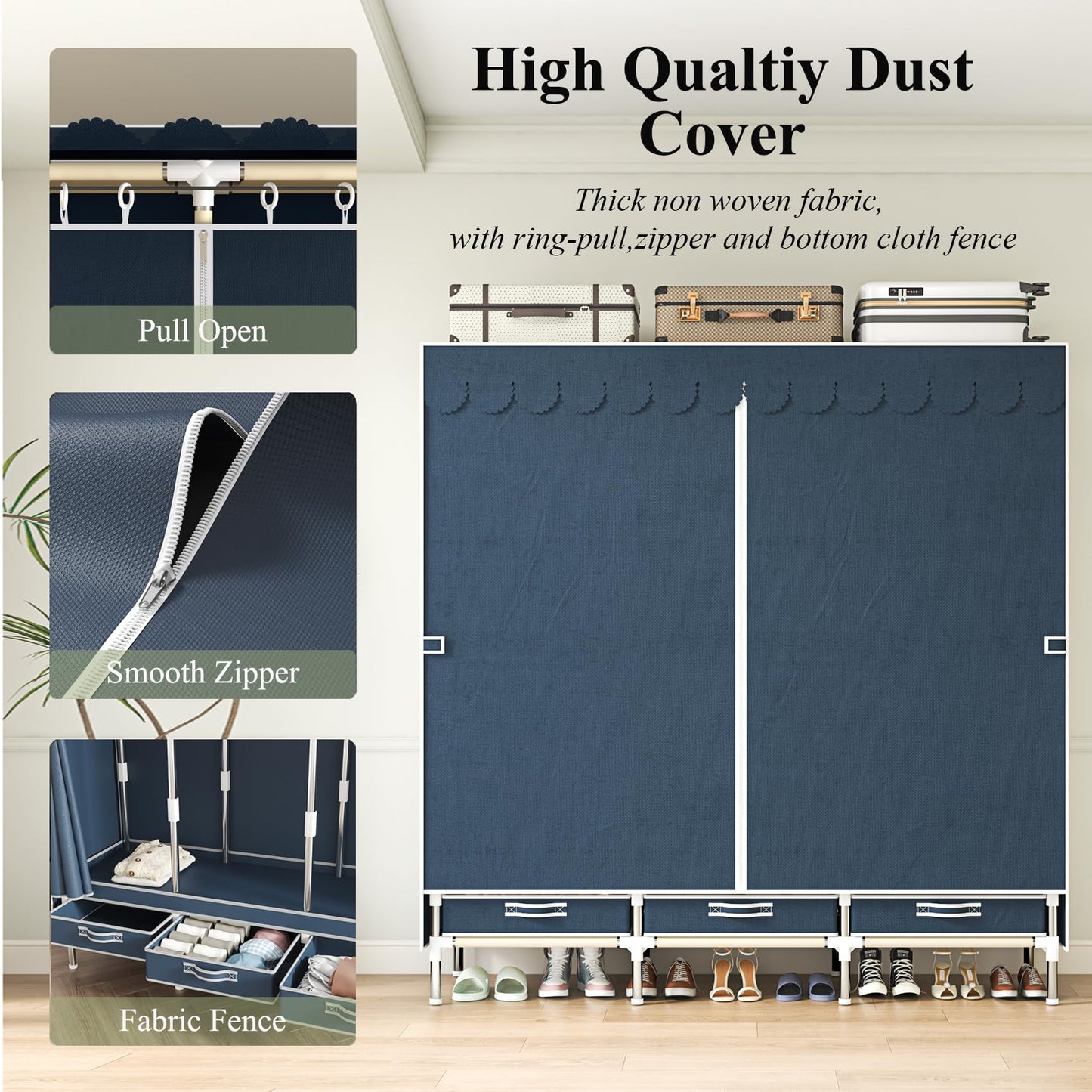 LEAlJlAFY Portable Blue Freestanding Armoire Wardrobe Closet with 3 Drawers,Modern Large Bedroom Metal Clothing Wardrobe Storage Racks for Hanging Clothes,Strong and Sturdy,for Home Small Room