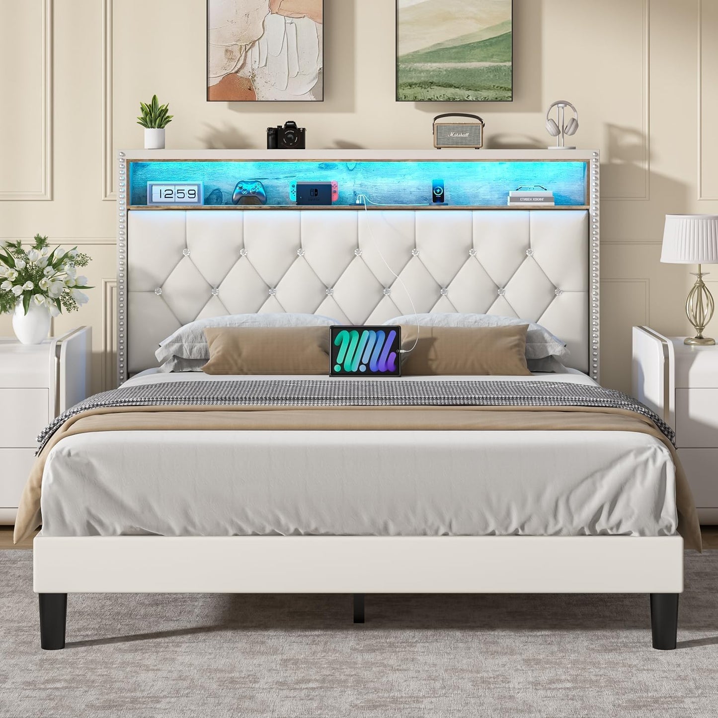 Queen Bed Frame with LED Lights, Velvet Upholstered Platform Bed with Storage Headboard and Charging Station, Queen Bed Frame with Diamond Design, Wood Slats Support, No Box Spring Needed, Beige