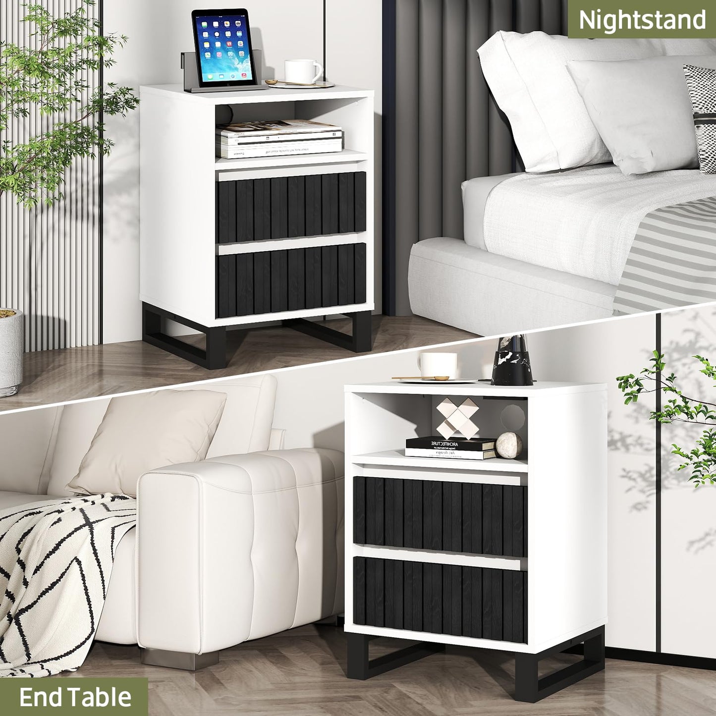 Lamtor Night Stand Set 2, Fluted Nightstand with Charging Station, Side Table with 2 Storage Drawers Cabinet, Wood Nightstand for Bedroom, Living Room, Black and White