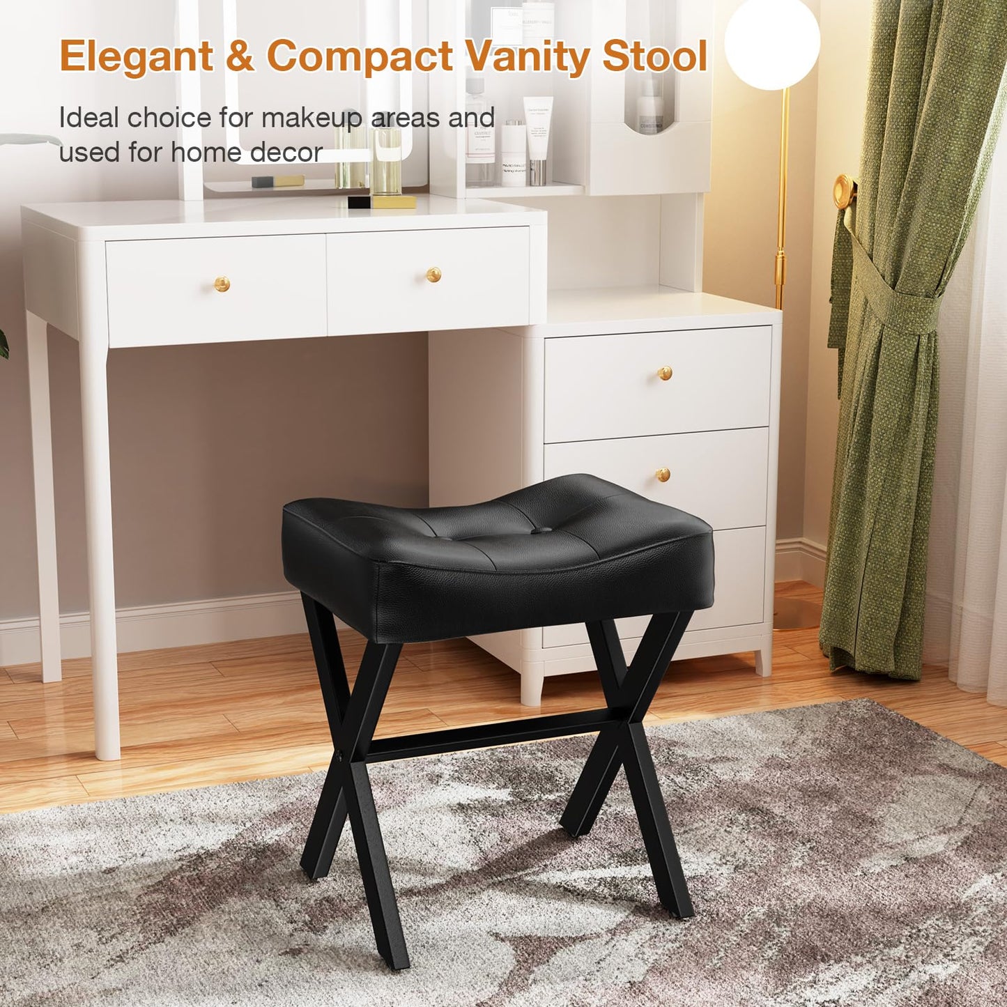 Memobarco 18-Inch Leather Vanity Stool Chair, Vanity Bench with Metal X-Leg, Ottoman Foot Stool with Thick Padded Saddle Seat, Black