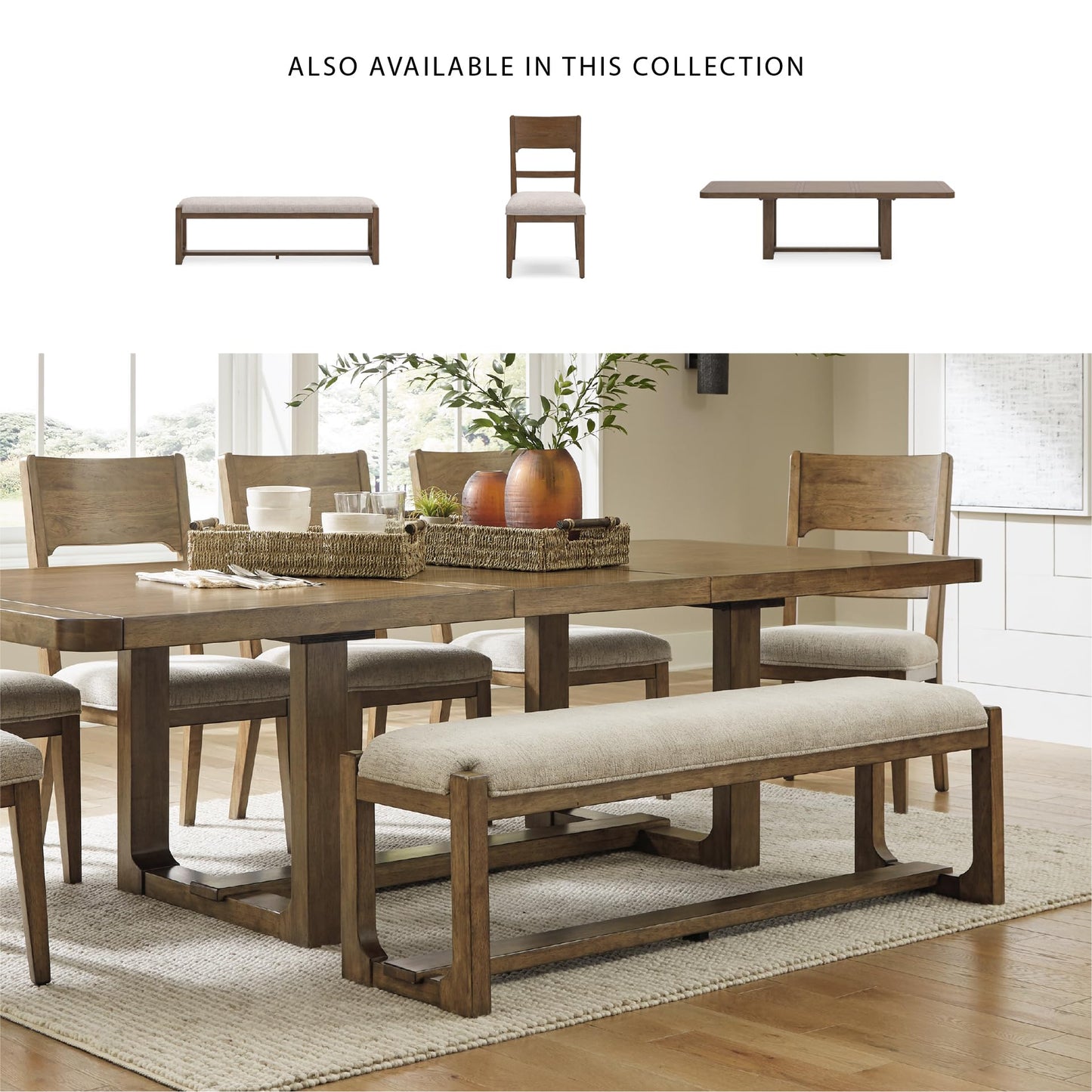 Signature Design by Ashley Cabalynn Farmhouse Upholstered 63" Dining Bench, Beige & Light Brown