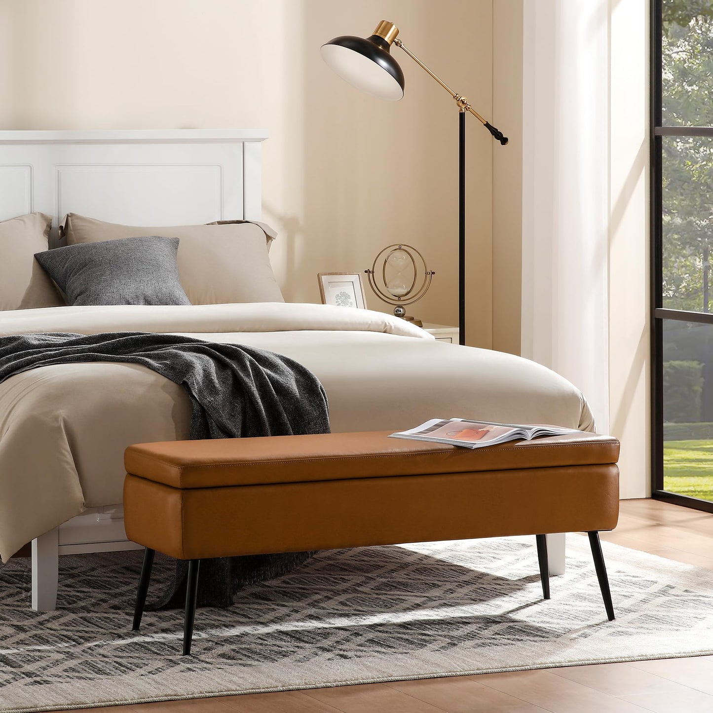 kinmars Leather Storage Ottoman Bench,End of Bed Bench for Living Room Bedroom Dinning Room Entryway,Mid-Century Modern,Faux Leather,with Steel Legs,Safety Hinges,Loads 660 lb (Without Button, Brown)