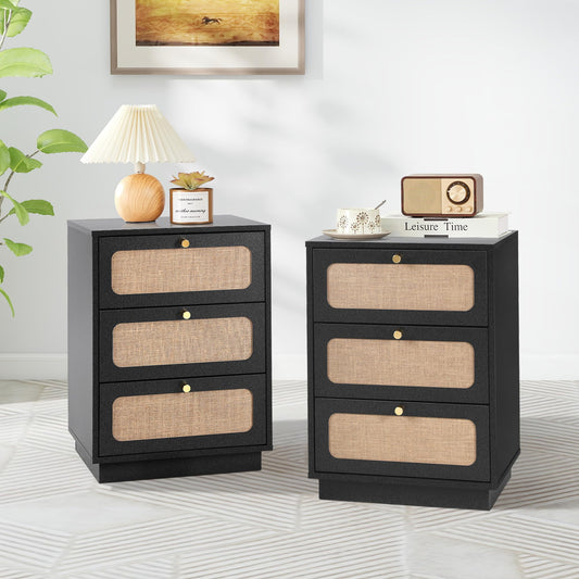 AVZEAR Mid Century Night Stand Set of 2, Modern Nightstand with 3 Drawers & Curved Linen Panel, Farmhouse End Table Wood Bedside Table Small Side Table for Small Space, Bedroom(Black)