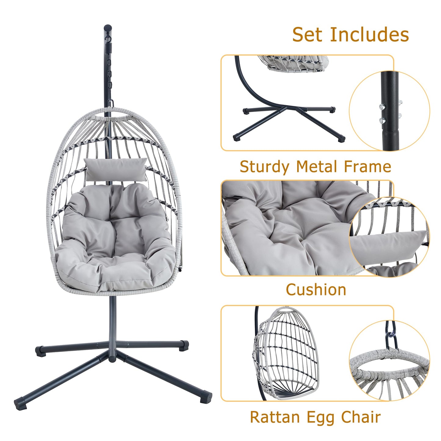 Swing Egg Chair with Stand, Outdoor Hanging Chair with Cushion and Headrest, Rattan Egg Chair for Backyard, Balcony, Indoor, 300lbs Capacity, Grey
