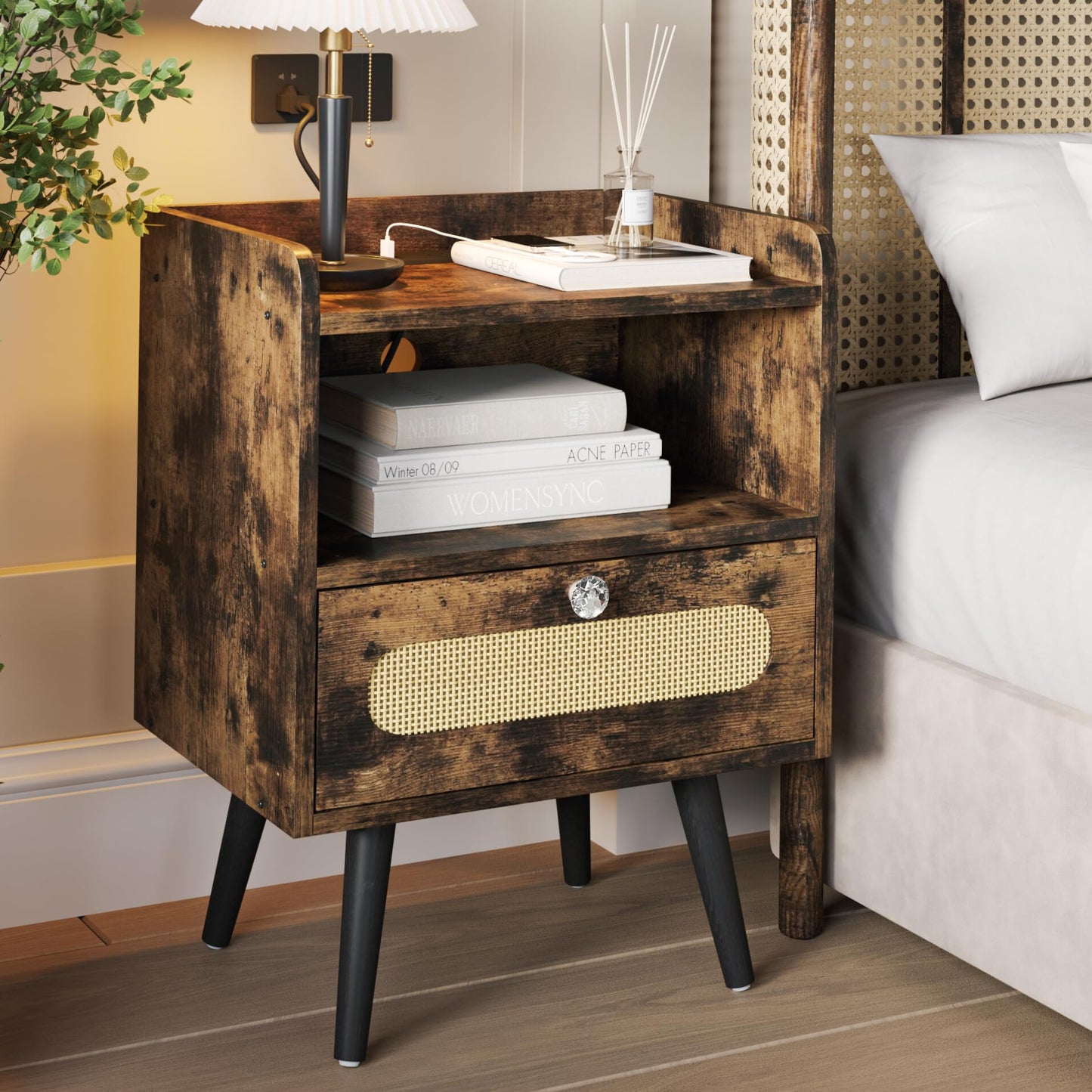 AGDULL End Table with Diamond Handle, Nightstand/Bedside Table with Charging Station, Rustic Brown
