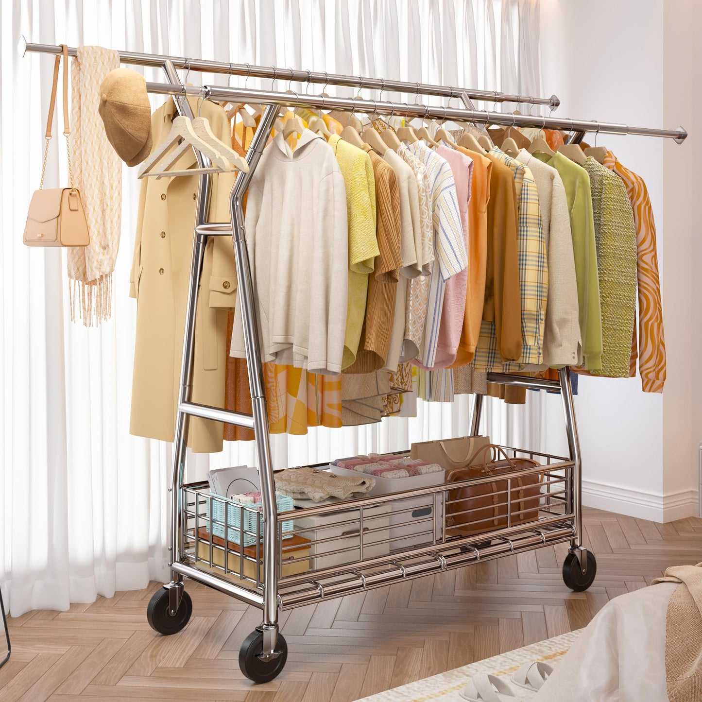 Raybee Heavy Duty Clothes Rack, 350LBS Clothing Rack with Sturdy Wheels and Shelves, Double Rods Clothing Racks for Hanging Clothes Commercial Portable Adjustable Garment Rack, Chrome
