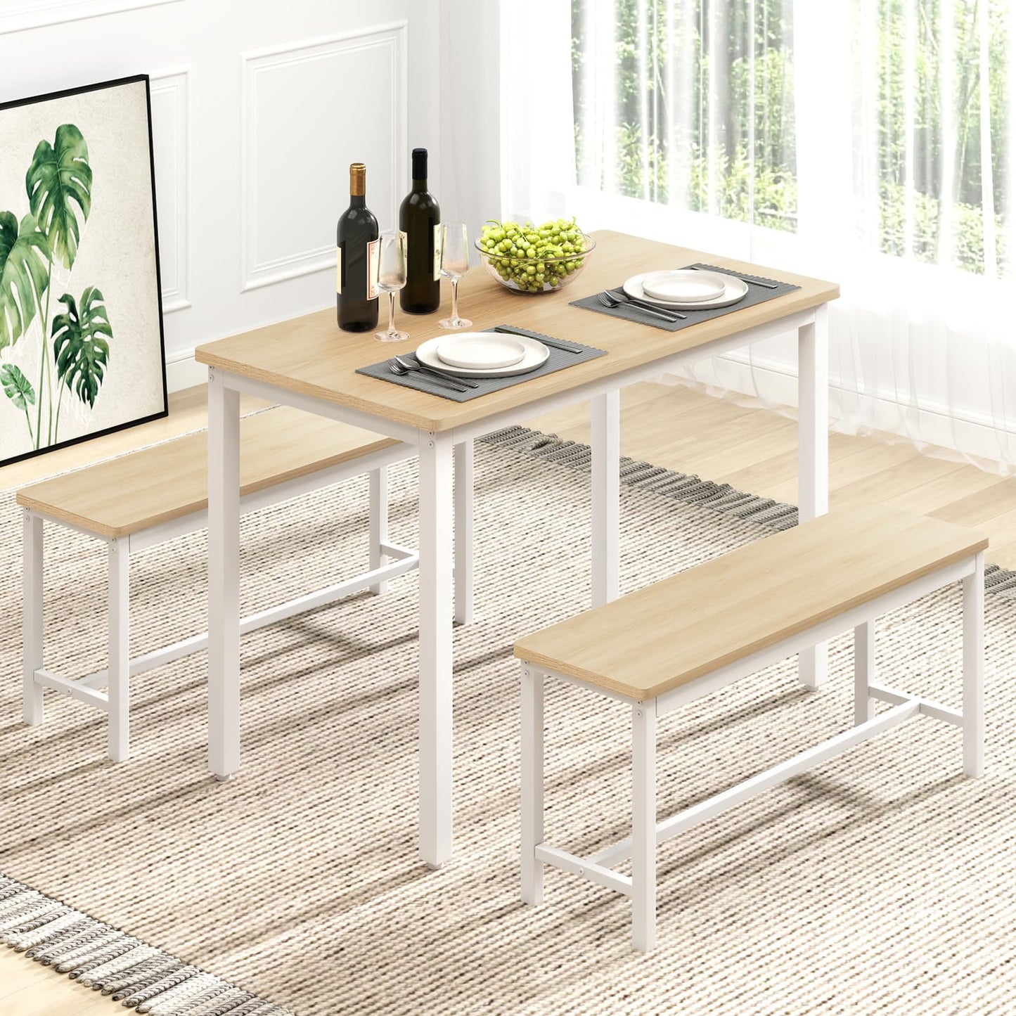 Rovibek 43" Dining Table Benches Set for 4, Modern Space Saving Kitchen Table Chairs & Adjustable Feet Breakfast Table 2 Benches, Wooden Industrial Style Farmhouse, White