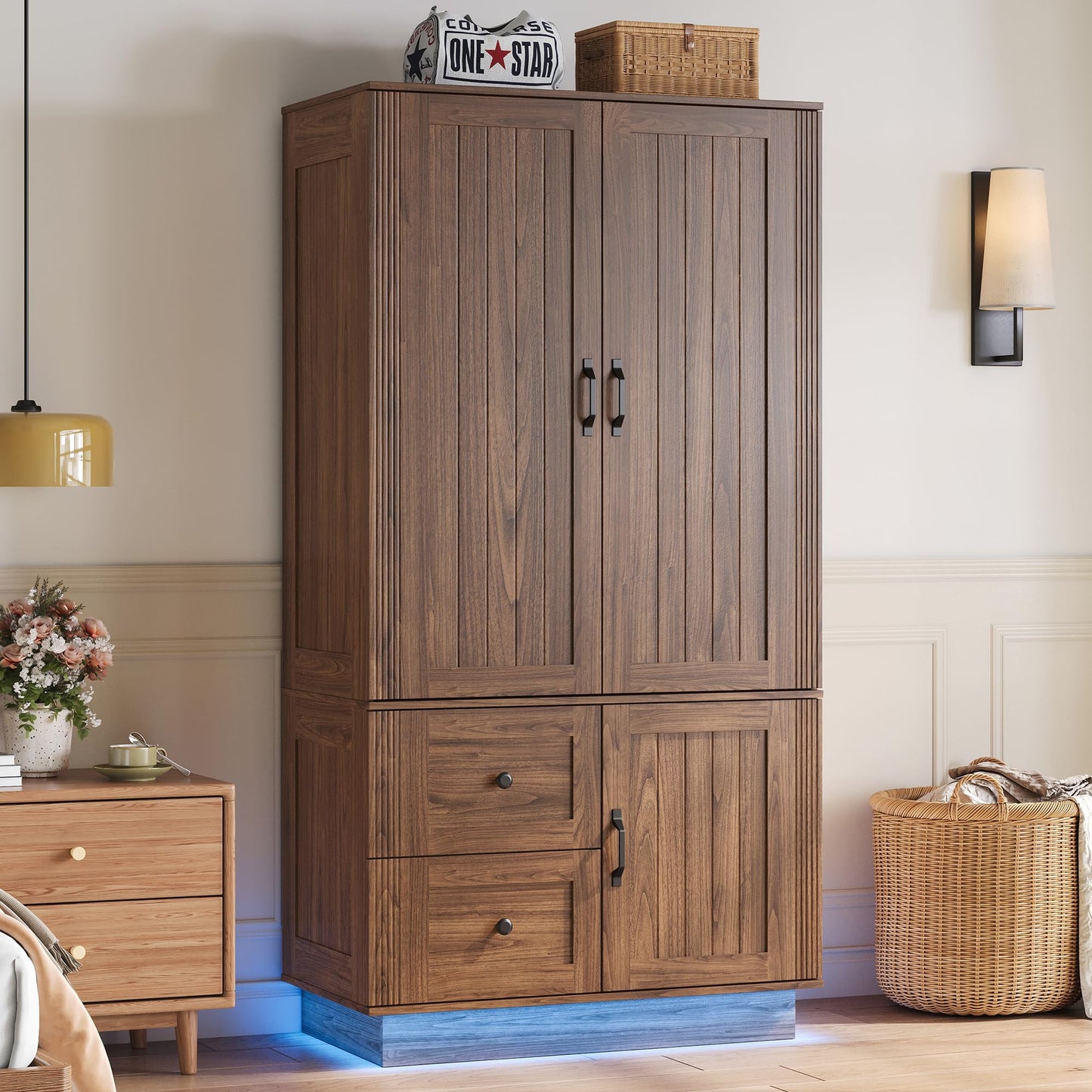 LIKIMIO Farmhouse Wardrobe Closet with Doors, 70" Bedroom Armoires with LED Lights and Hanging Rod, Wooden Large Wardrobe Cabinet with 2 Drawers and 1 Cabinet, Walnut