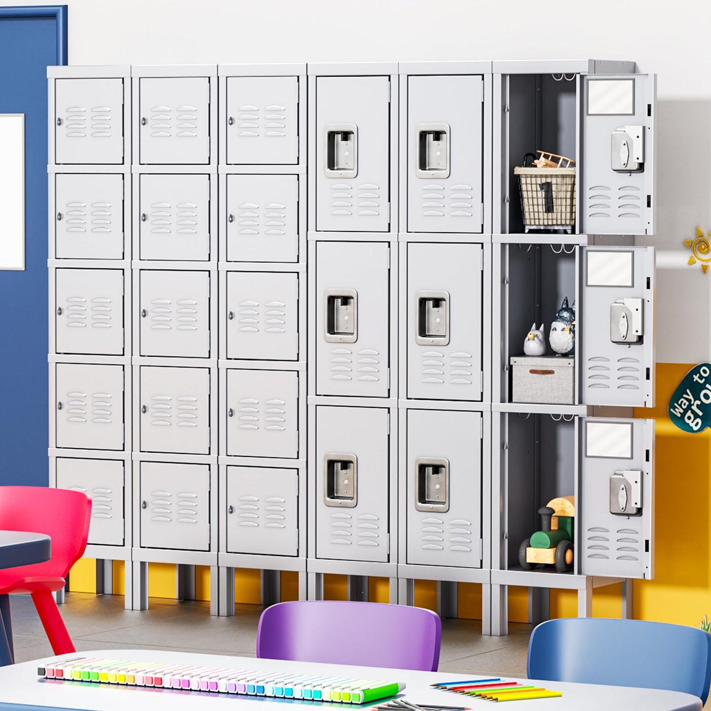 INTERGREAT Metal Locker for School Office Gym Metal Storage Locker Cabinet for Employees Students Steel Locker Triple Tier with 5 Door Gray