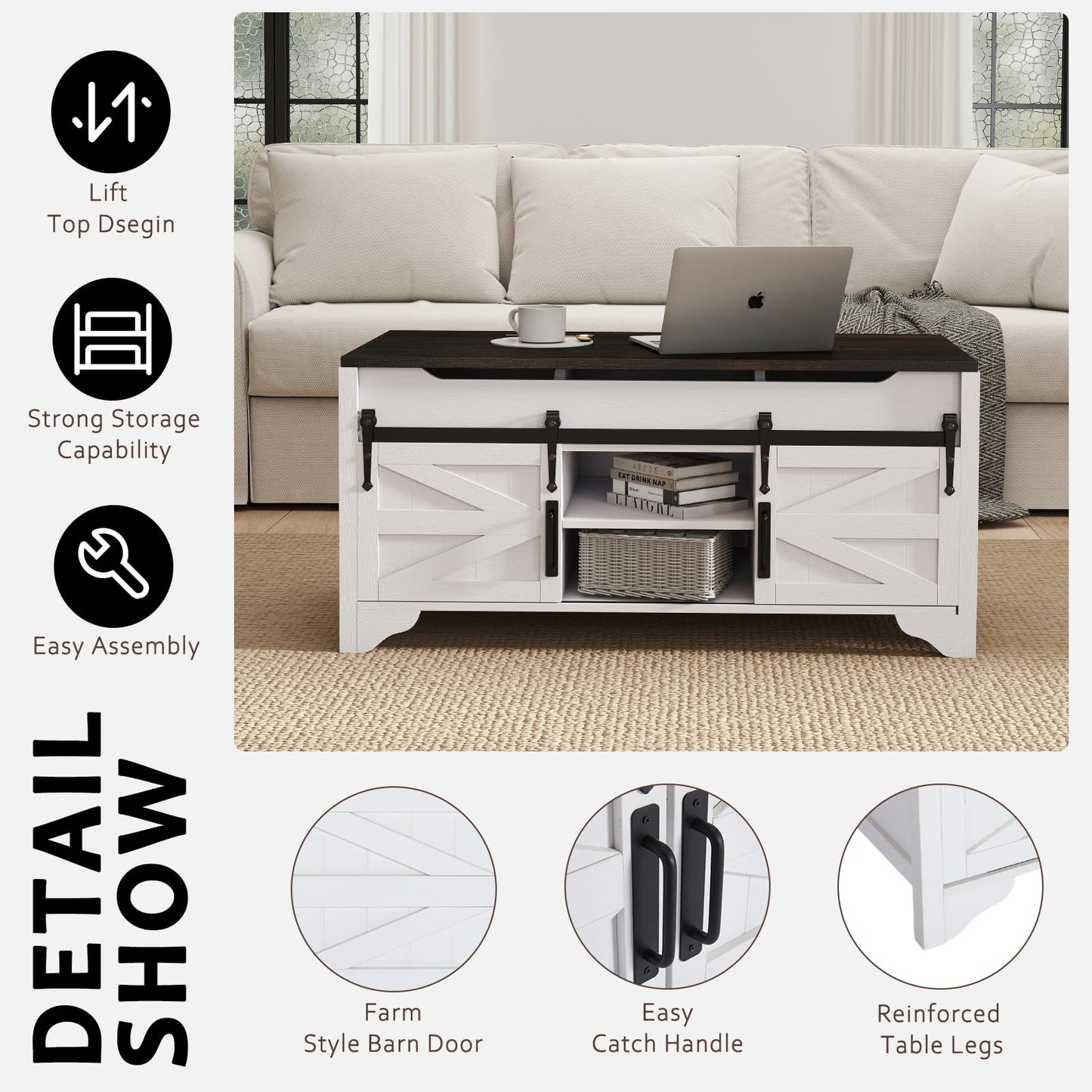 Kmax Lift Top Coffee Table, Farmhouse Coffee Table with Hidden Storage & Sliding Barn Door, Modern Rectangular Rustic White Living Room Center Table, Black Top