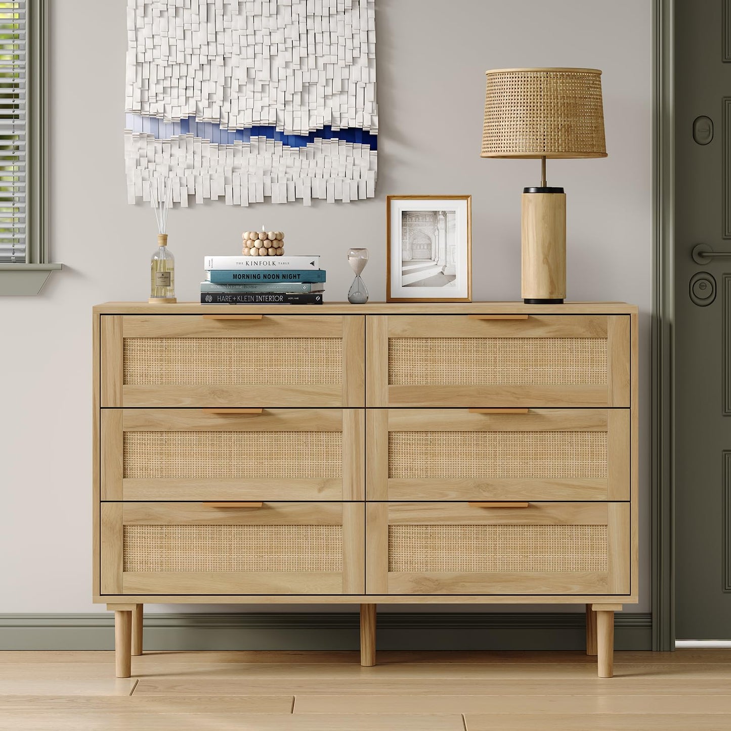 Furniouse 6 Drawer Rattan Dresser for Bedroom Wood Boho Dressers with Solid-Wood Legs & Natural Real Rattan Drawer, Modern Chest of Drawers Beside Table for Bedroom, Living Room