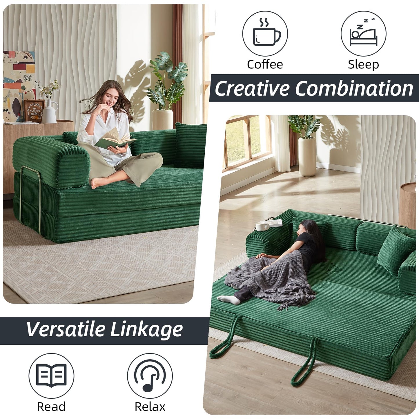HUAYICUN 4-in-1 Convertible Folding Sleeper Sofa Bed, Plush Corduroy Foldable Mattress Couch with Fixed-Shape Frame, Floor Compressed Sofa for Living Room, Bedroom (Green)