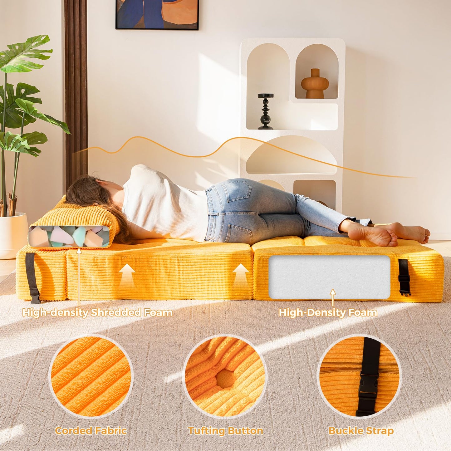 MAXYOYO Folding Sofa Bed, Convertible Sofa Bed with High-Density Support Foam, Portable 4 in 1 Fold Out Chair to Floor Lounger, Versatile Floor Couch for Living Room Bedroom, Orange