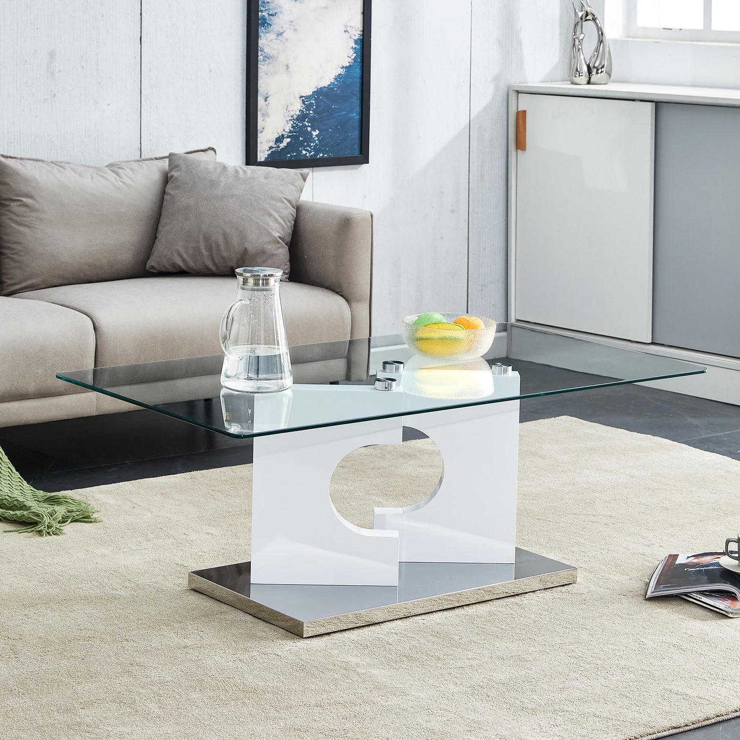 Henf Modern Luxury 47" Rectangle Glass Coffee Table for Living Room, Home Office, Tempered Glass Top, White Legs & Silver Base