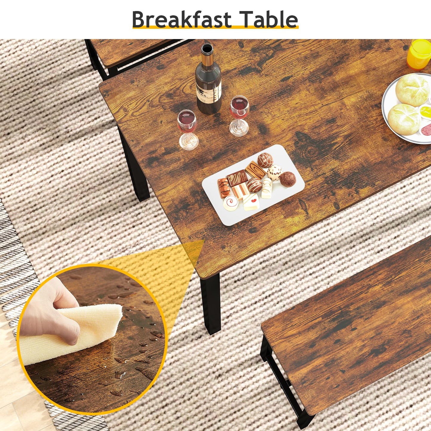 Rovibek 43" Dining Table Set for 4, Modern Space Saving Kitchen Breakfast Table with Benches & Adjustable Feet, Wooden Industrial Style Farmhouse, Brown
