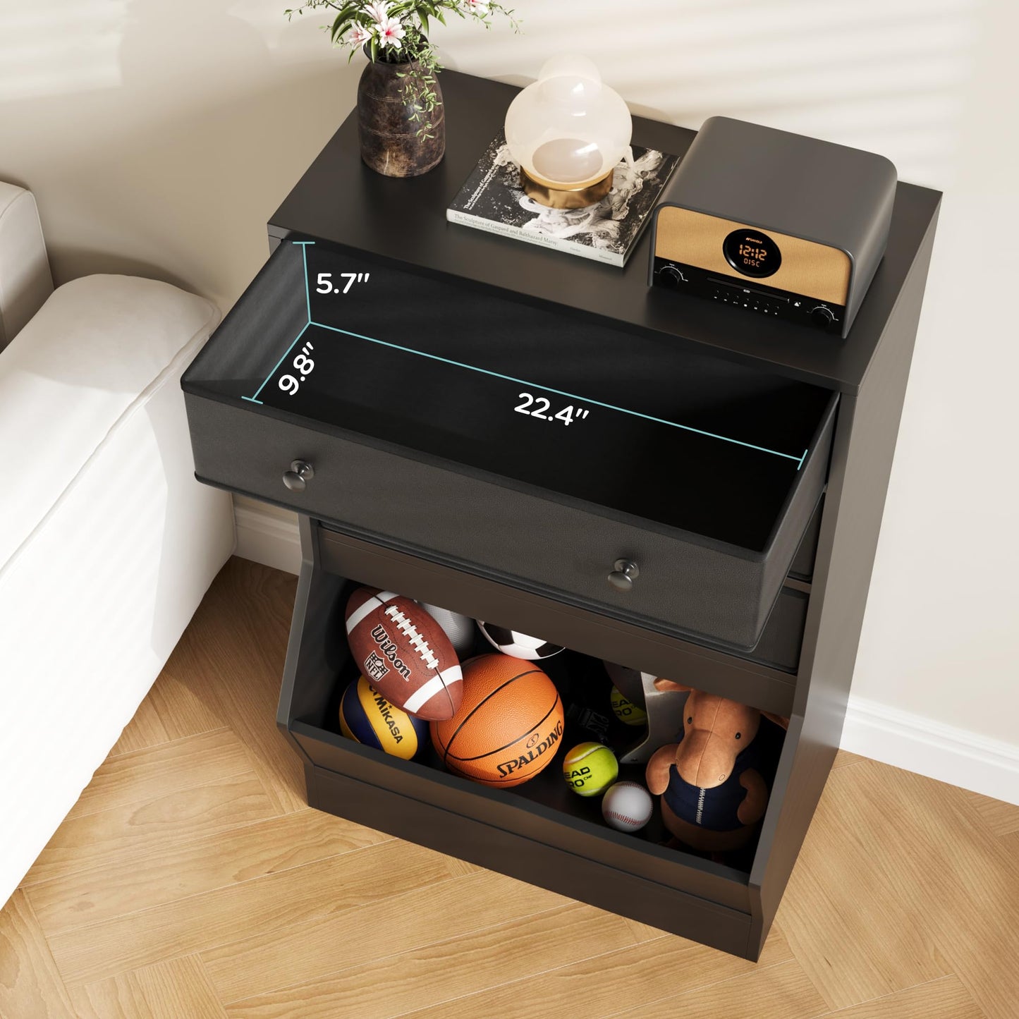 MHOM Fabric Dresser for Bedroom, Small Dresser with PU & Fabric Drawers, Modern Wooden Storage Cabinet with Open Cube for Closet, and Bedroom, Black