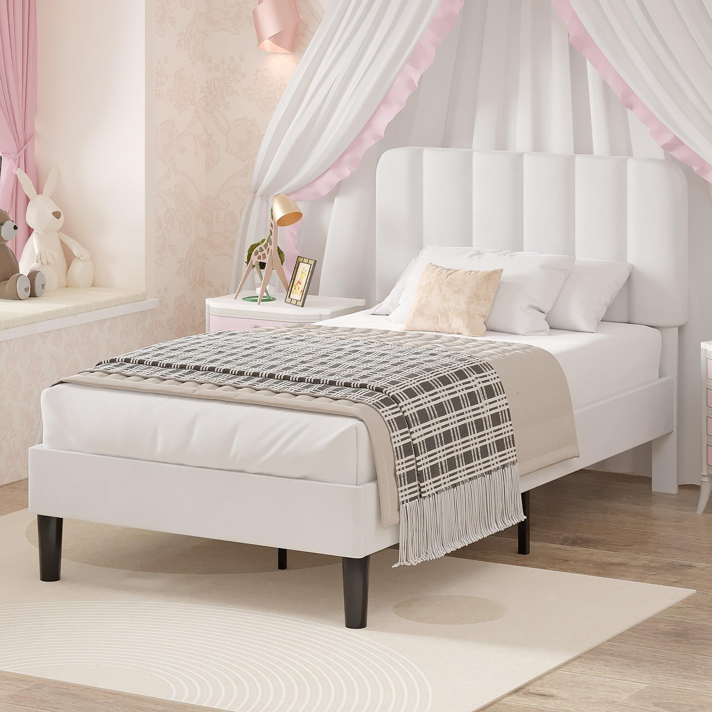 VECELO Twin Size Bed Frame with Upholstered Headboard, Velvet Platform Bedframe Mattress Foundation, Strong Wood Slat Support, No Box Spring Needed,White