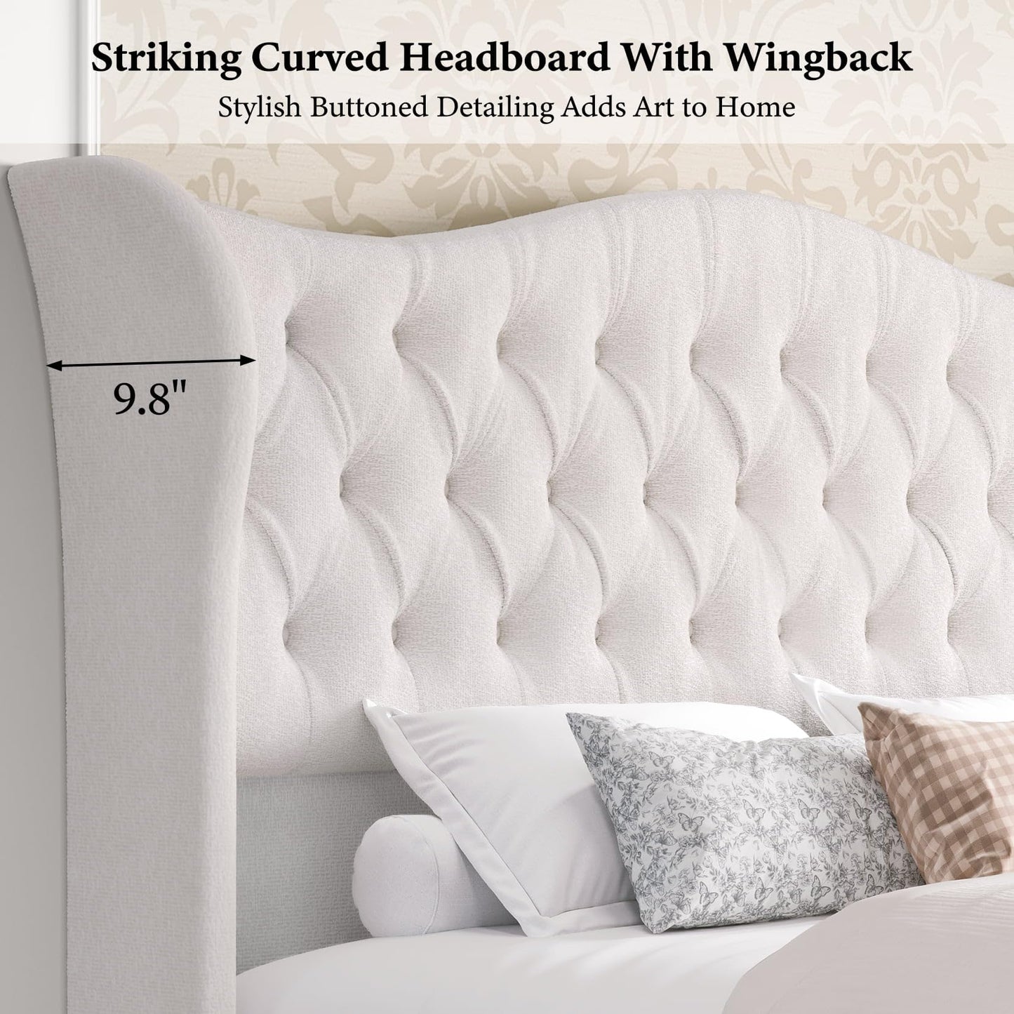 koorlian King Size Chenille Upholstered Bed Frame, Sleigh Platform Bed Frames with 51" Tall Wingback Headboard & 27" Scroll Footboard, Button Tufted/No Box Spring Required/Wood Slats Support/Cream