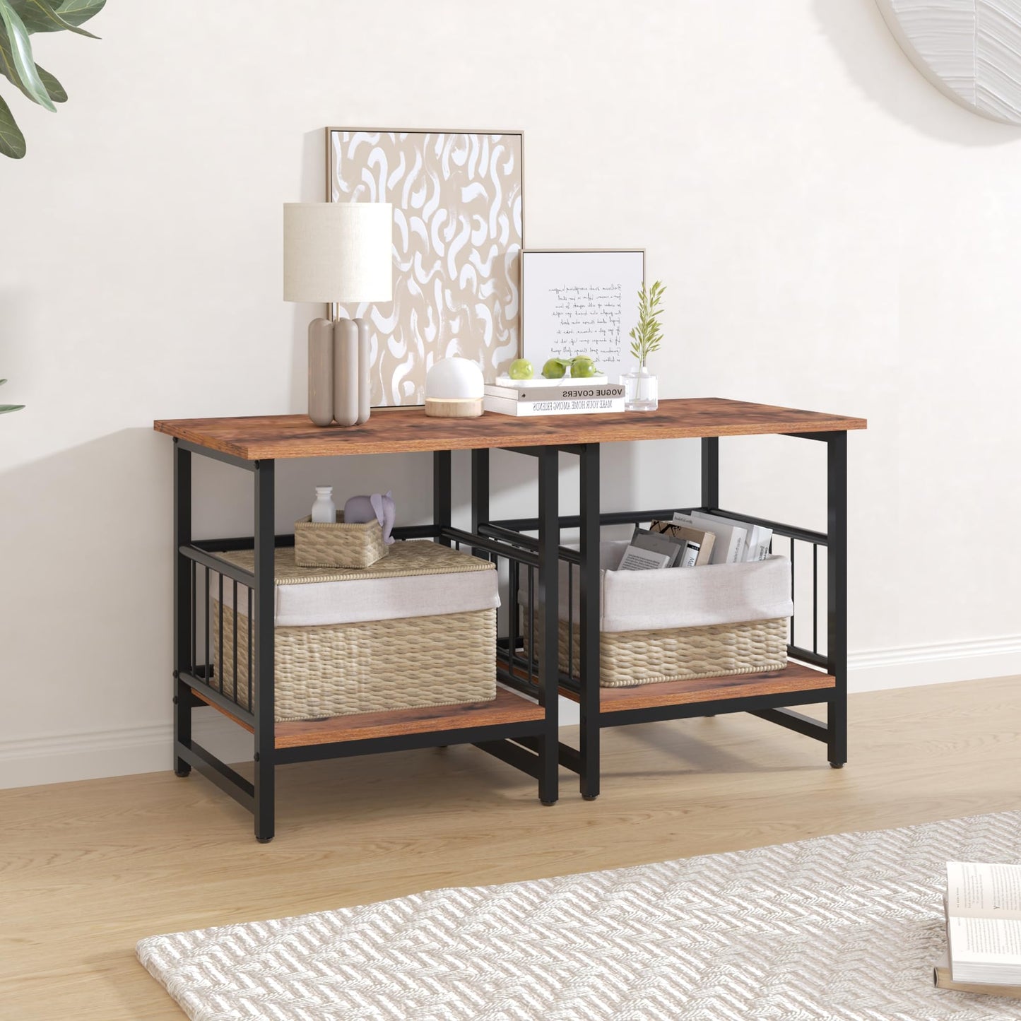 EazeHome Industrial Night Stand, 18” Square Side Table with Open Storage Shelf, Bedside End Table for Bedroom, Heavy Duty Stand for Mini Fridge for Dorm, Kitchen Room, Rustic Brown