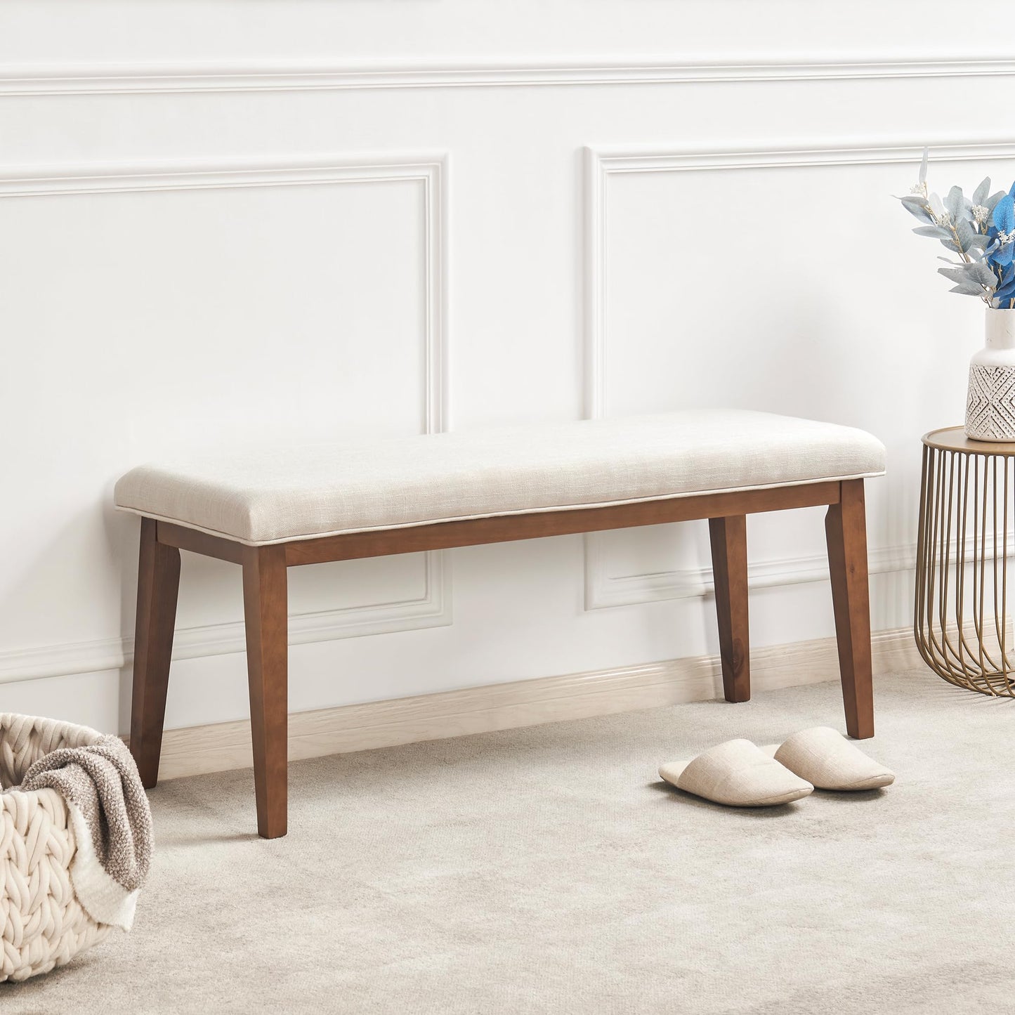 kinmars Upholstered Bench for Bedroom End of Bed,42.5-inch Entryway Bench for Living Room,Dining Bench with Padded Seat and Solid Wood Leg for Kitchen Bedroom,Indoor and Hallway (Bench, Beige)