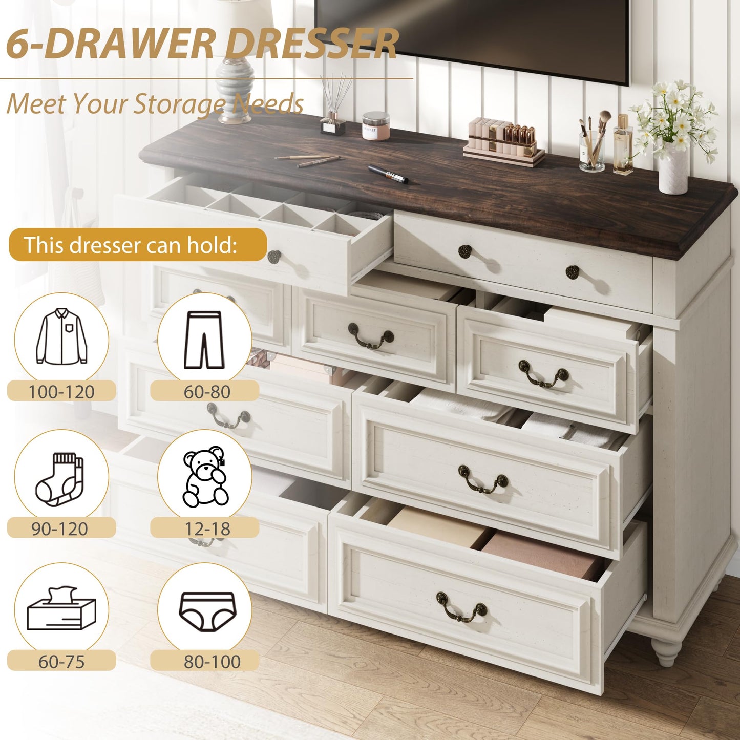 Jocoevol Cream Farmhouse Dresser for Bedroom, 9 Drawer Chest of Drawers, Tall Dressers for Bedroom Storage, Dresser for Closet, Dressers & Chests of Drawers (Cream, 53.5" Wide)