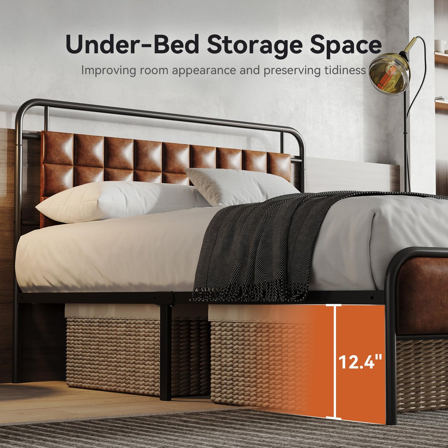 Susalt PU Leather Queen Bed Frame, Queen Size Metal Platform Beds with Upholstered Headboard & Footboard, 12" Underbed Storage Space, Easy Assembly, Noise-Free, No Box Spring Needed, Brown