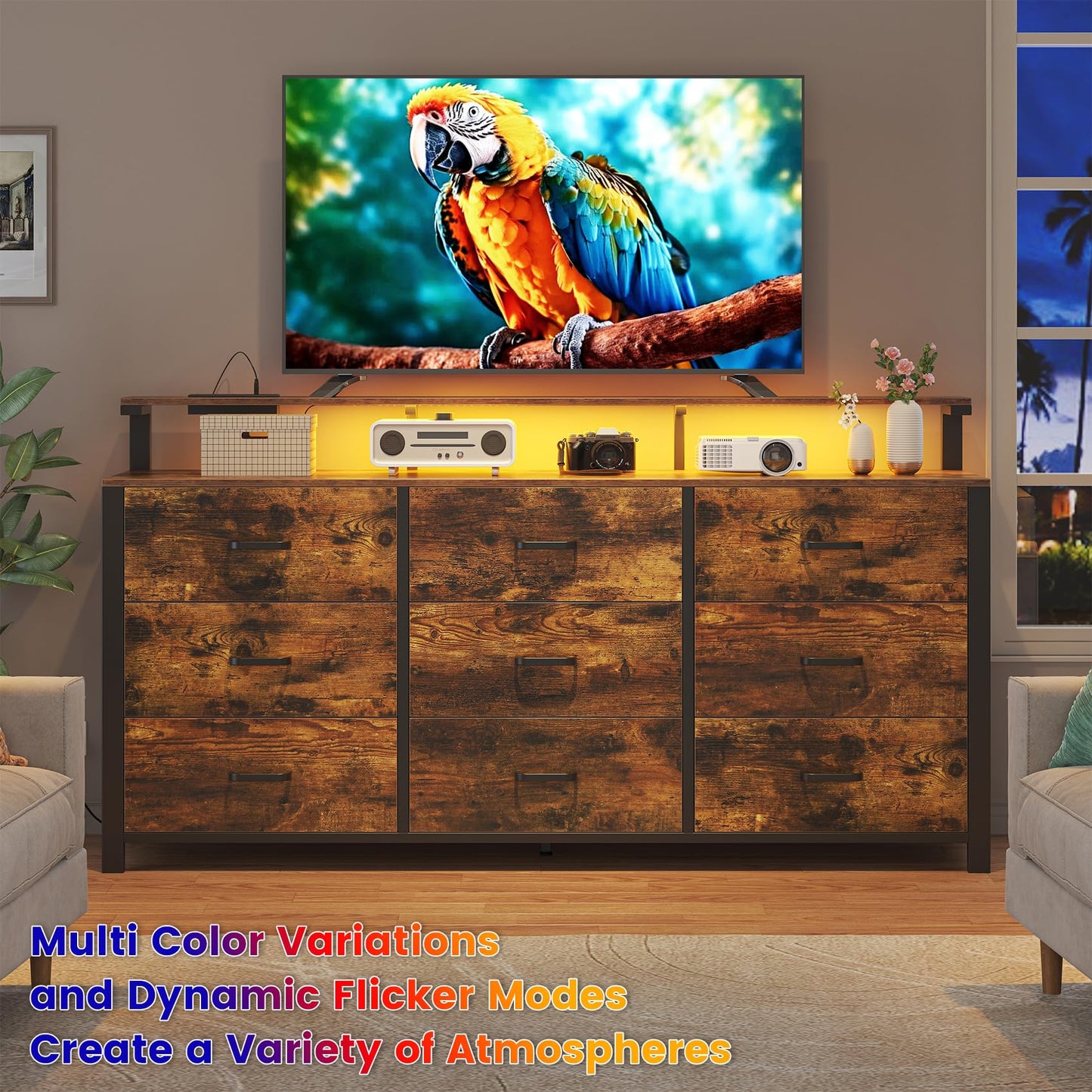 Frmobepts 63'' Rustic Brown Dresser for Bedroom, 9 Drawer Dresser with Power Outlet and Led Lights, Bedroom Furniture with Wooden Drawer and Metal Frame, TV Stand with Deep Drawer Storage