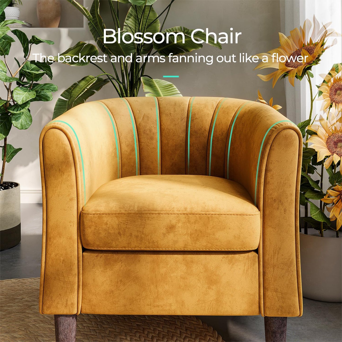 LINSY Accent Chair with Ottoman, Modern Barrel Chair Small Armchair Reading Chair with Footrest, Comfy Round Arms Chair for Living Room Bedroom Reading Room, Velvet, Yellow