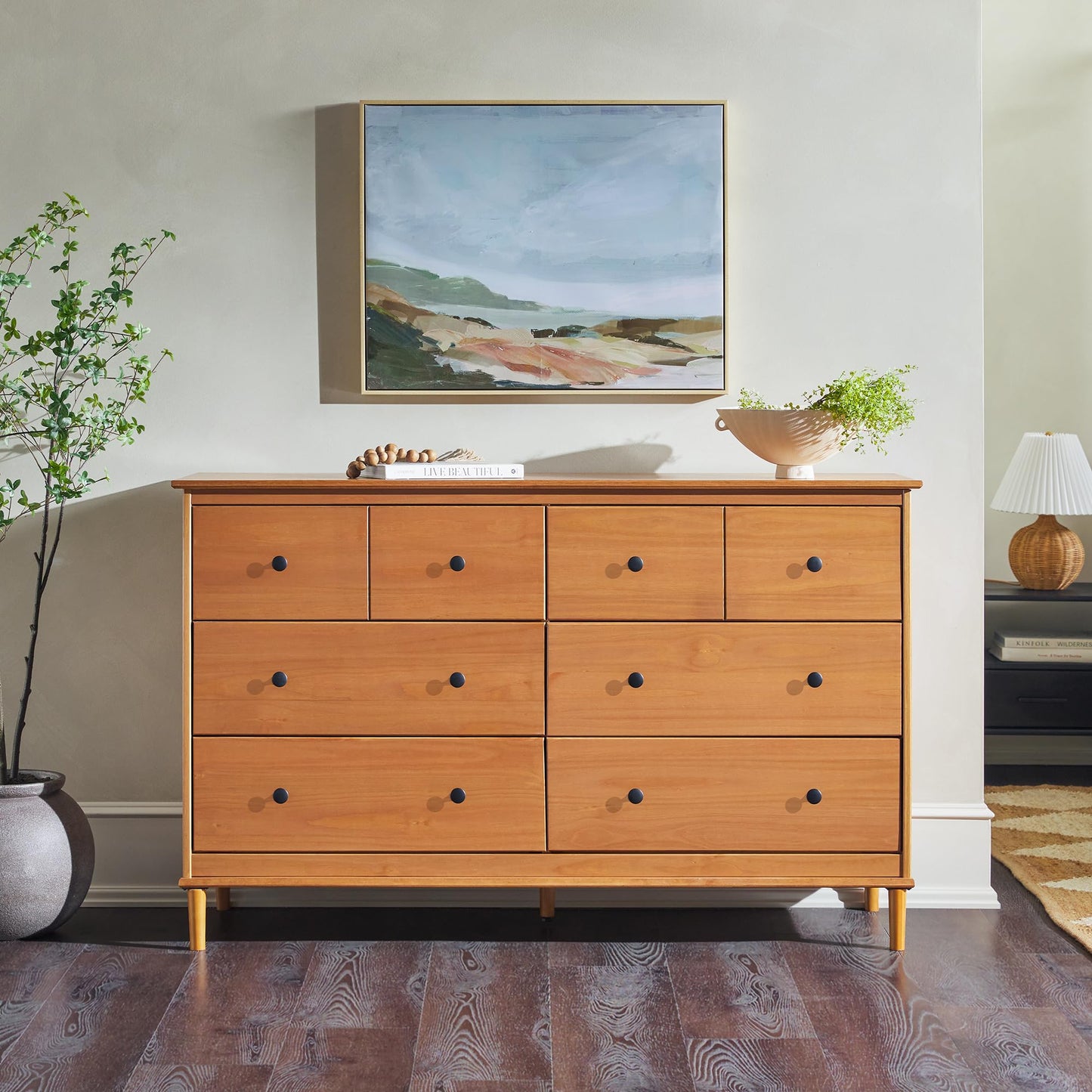 Walker Edison Modern 6-Drawer Solid Wood Dresser Bedroom Storage, 57 Inch, Caramel