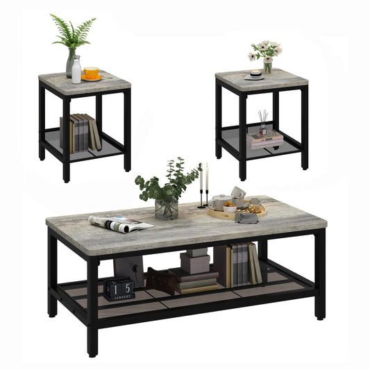 AWQM Coffee Table Set of 3, Industrial Coffee Table with 2 Square End Side Tables, Modern Living Room Table Set with Metal Frame for Apartment Home Office, Grey