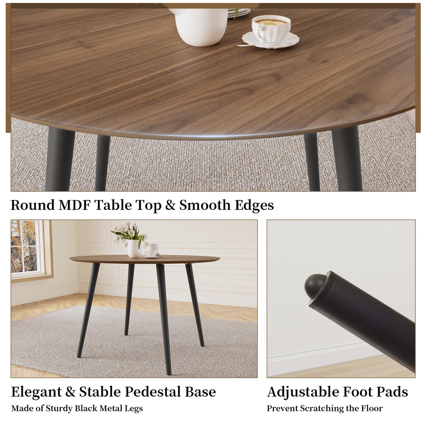 HIPIHOM 43.3 Inch Round Dining Table Set for 4, Modern Small Kitchen Coffee Set for Dining Room Kitchen Apartment (Walnut Table+4 U-Shaped Brown Chairs)