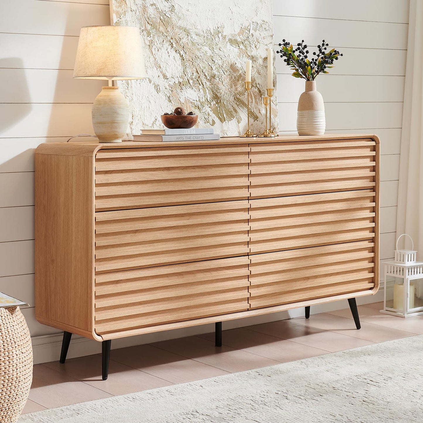systemktesm Fluted 6 Drawers Dresser for Bedroom, 54" Wide Modern Chest of Drawers with Metal Handle, Farmhouse Dresser TV Stand, Wood Drawer Organizer for Bedroom, Living Room, Hallway (Natural Oak)