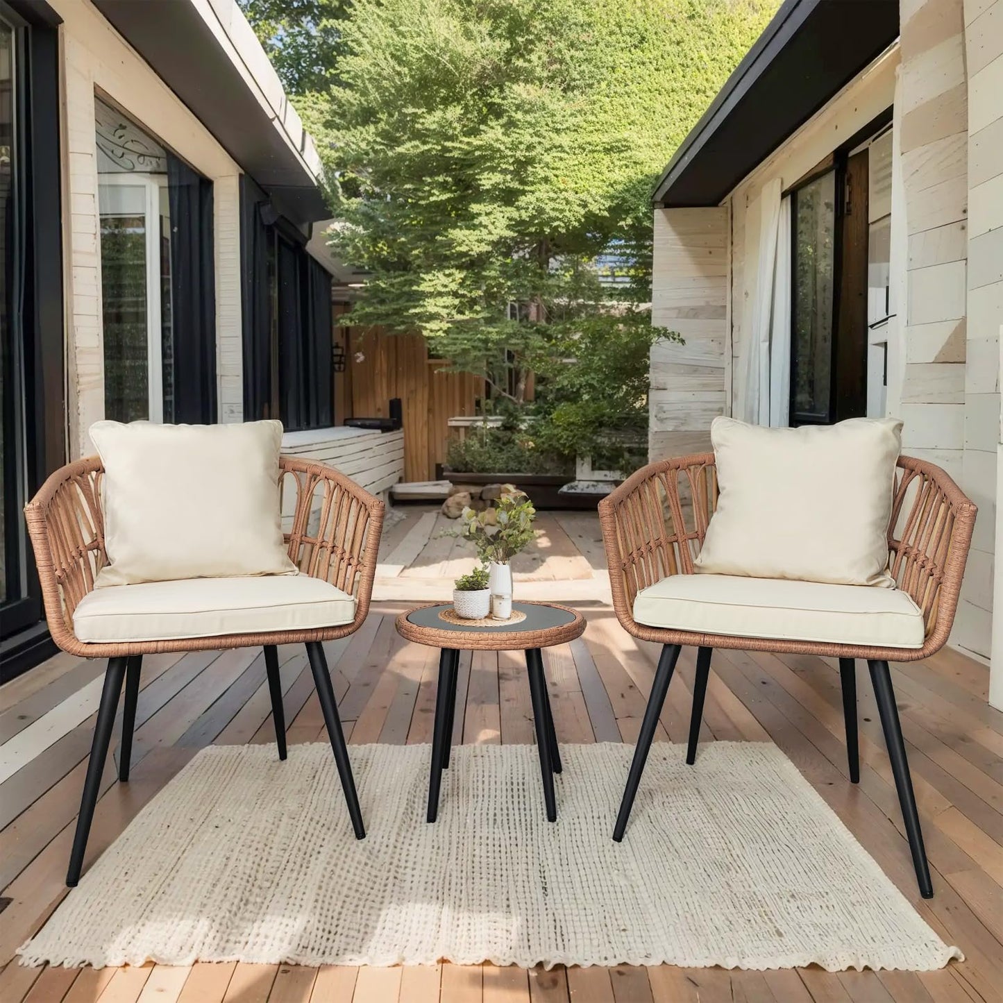 YINRUIN 3 Piece Patio Bistro Set,Outdoor Rattan Furniture,All-Weather Patio Furniture Set with 2 Chairs and 1 Glass Table for Balcony, Porch, Backyard (Beige)