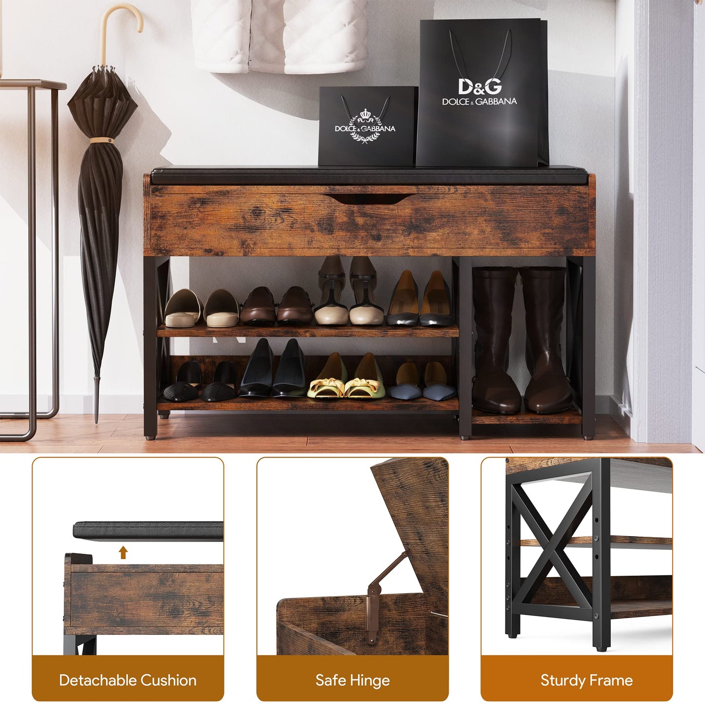 astimey Shoe Bench, Lift Top Shoe Storage Bench, Adjustable Shelf Entryway Bench, Metal and Wood Shoe Rack Organizer with Cushion for Entry, Bedroom, Closet, Living Room, Hallway (Brown, 35.5“W)