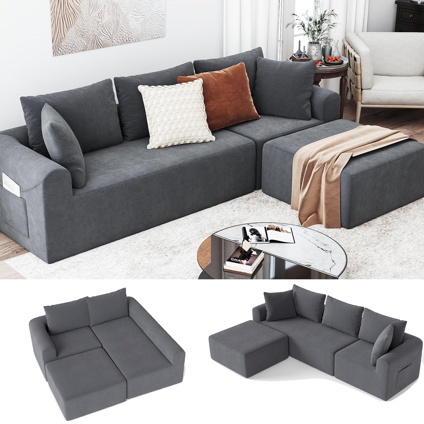 Cloud Sectional Couch with Ottoman, Modern L-Shaped Modular Sectional Sofa with Chaise Corduroy Boneless Couches for Living Room Bedroom Apartments, Stain-Resistant Fabric & Free Assembly, Grey