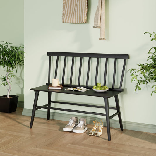 APRTAT Bamboo Entryway Bench, Farmhouse Dining Bench with Spindle Back 3 Person Indoor Bench Chair Wood Windsor Bench Durable Easy Assembly for Foyer Balcony Hallway Living Room (Black)