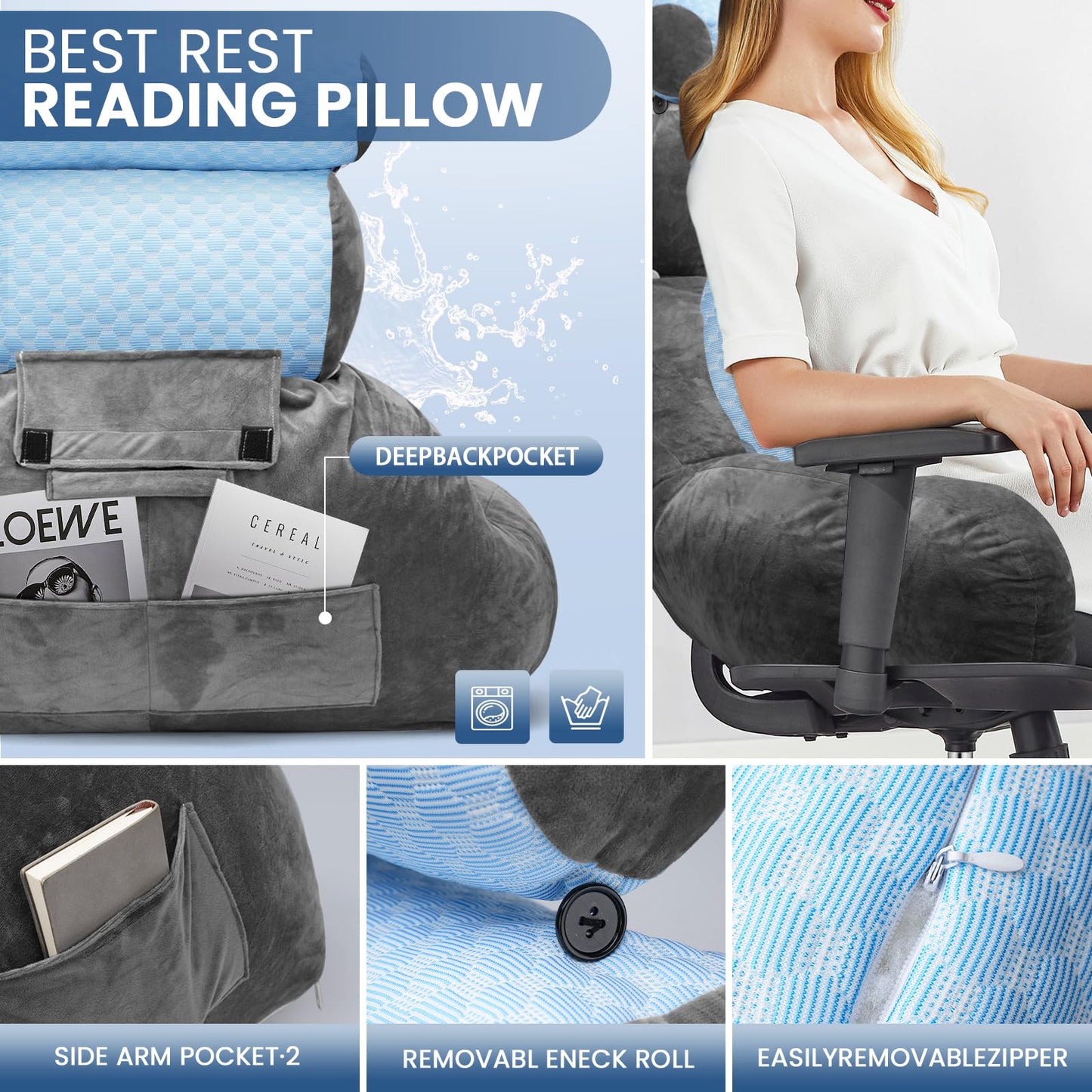 The Adjustable Large Back Pillow for Bed Sitting Up-Ergonomic Back, Neck, and Lumbar Support Pillow-Reading Pillow-Bed Pillow for Sitting Up - Perfect for Elderly, Pregnant Women, and Kids.