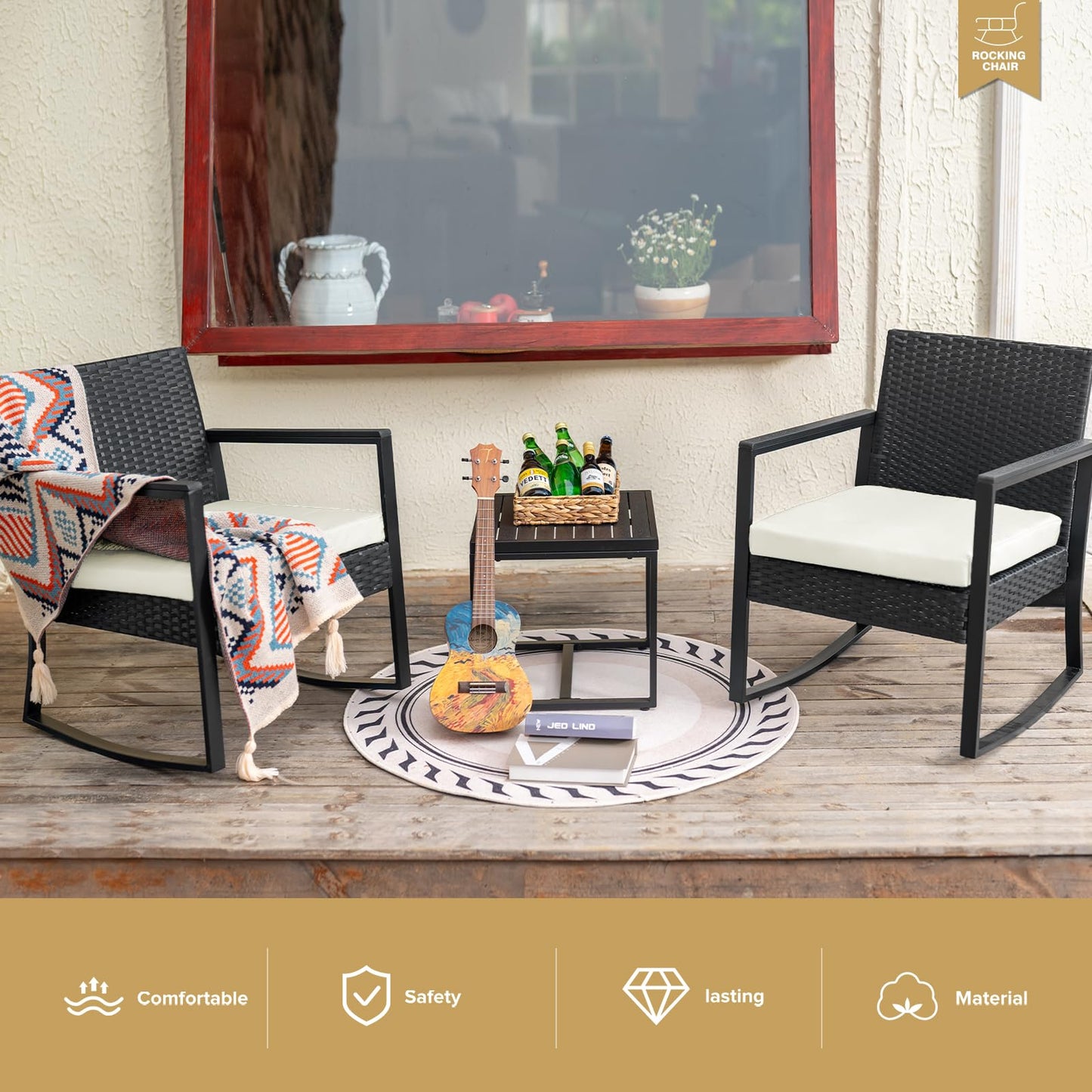 WWR 3 Pieces Outdoor Patio Furniture Set Rocking Wicker Rattan Chair Set Patio Bistro Conversation Set 3 Pcs with Coffee Table for Yard & Bistro (Sand)