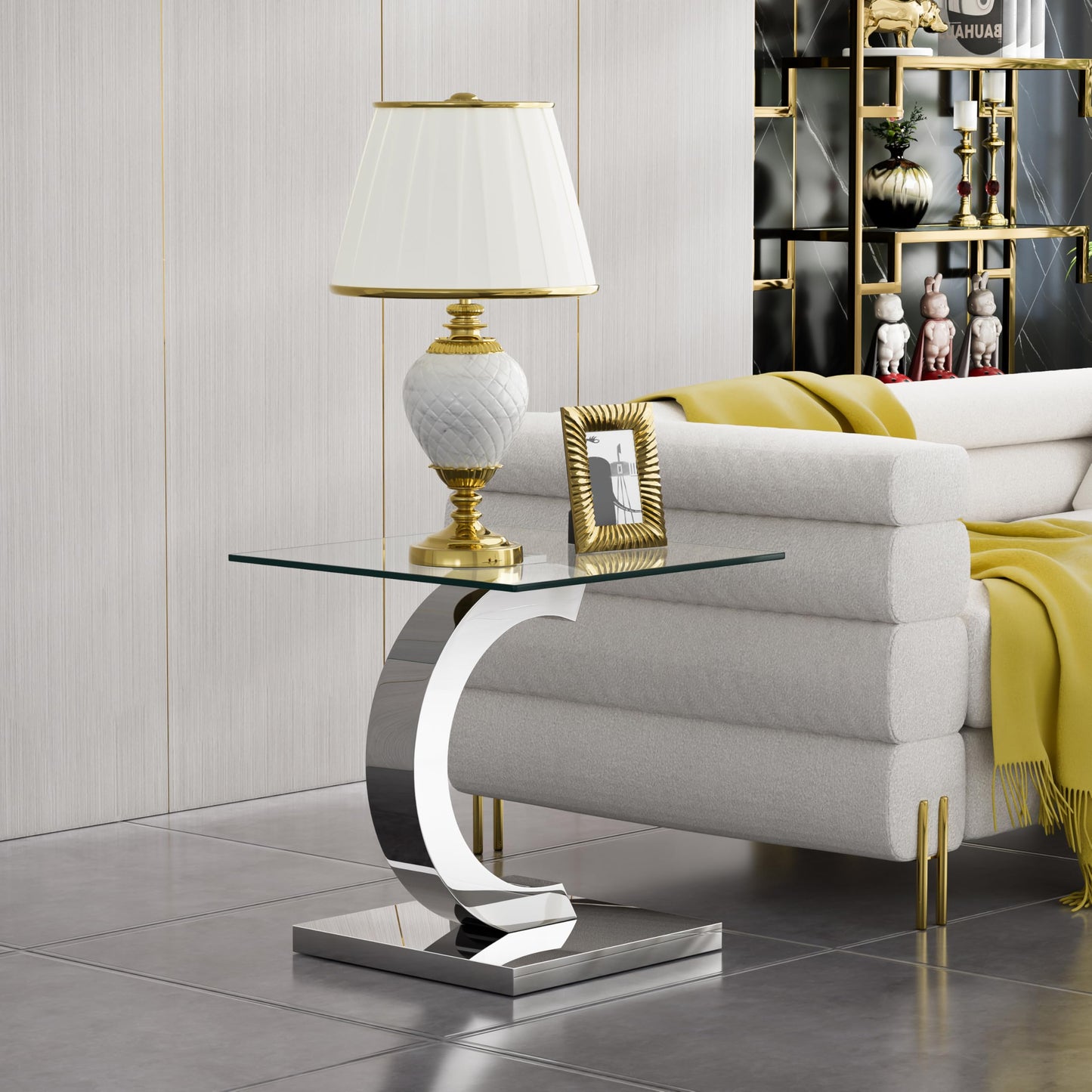 Modern Silver Glass Coffee Table Set of 3, Clear Glass Coffee Table and 2 End Side Table Set with Stainless Steel Frame, Luxury Silver 3 Piece Living Room Table Set for Home Office Apartment