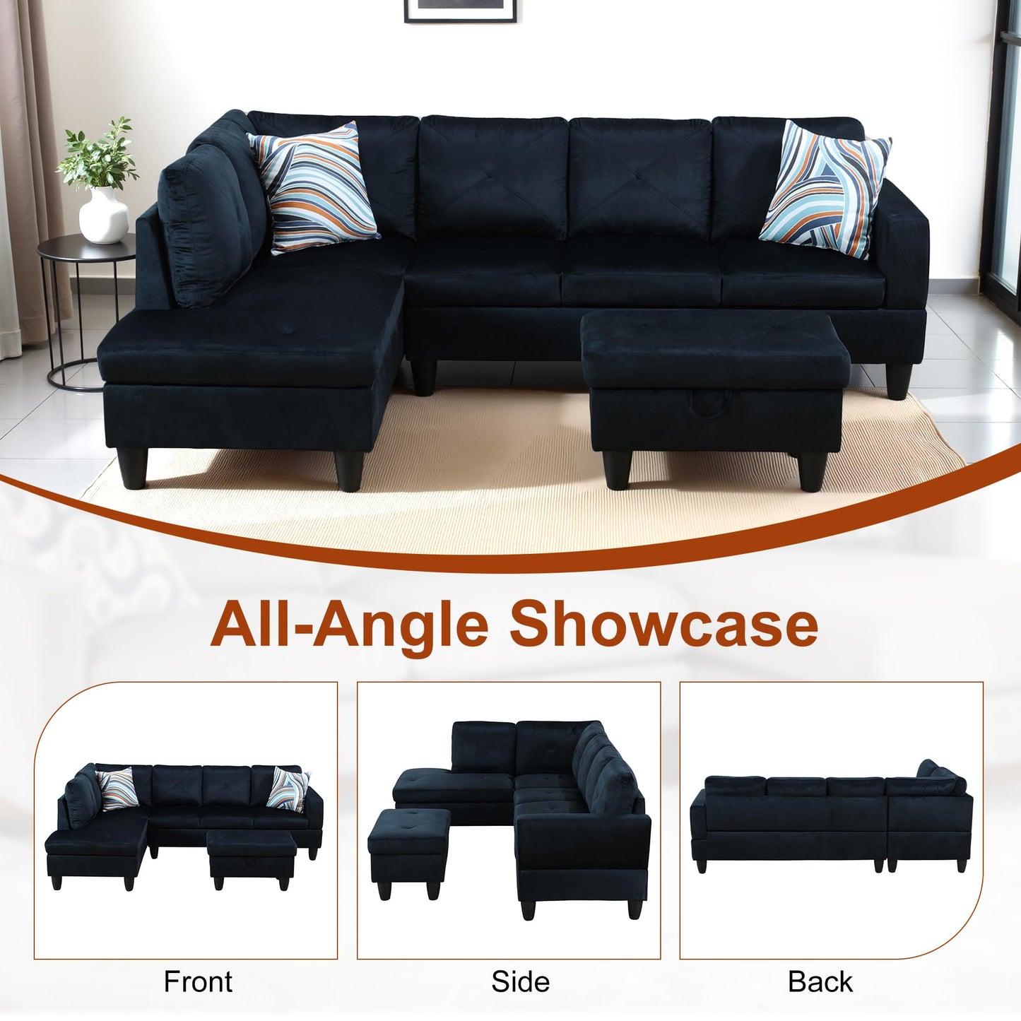 Osparple L Shaped Couch Sectional Couches for Living Room Upholstered Microfiber 3 Pieces Modular Sectional Sofa with Chaise, Ottoman with Storage for Small Apartment, Midnight Blue