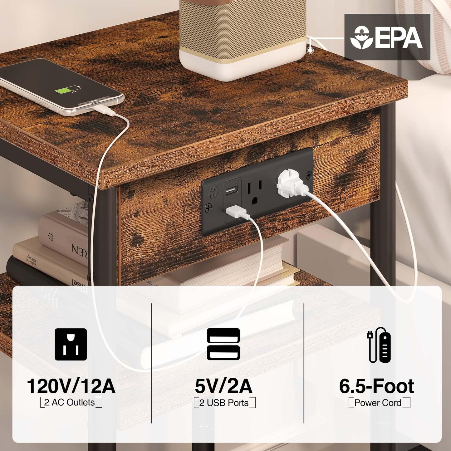Rolanstar End Table with Charging Station, Night Stand with 3 Storage Shelves, Small Side Table for Small Space, Narrow Bedside Table for Living Room, Bedroom, Rustic Brown, Set of 2